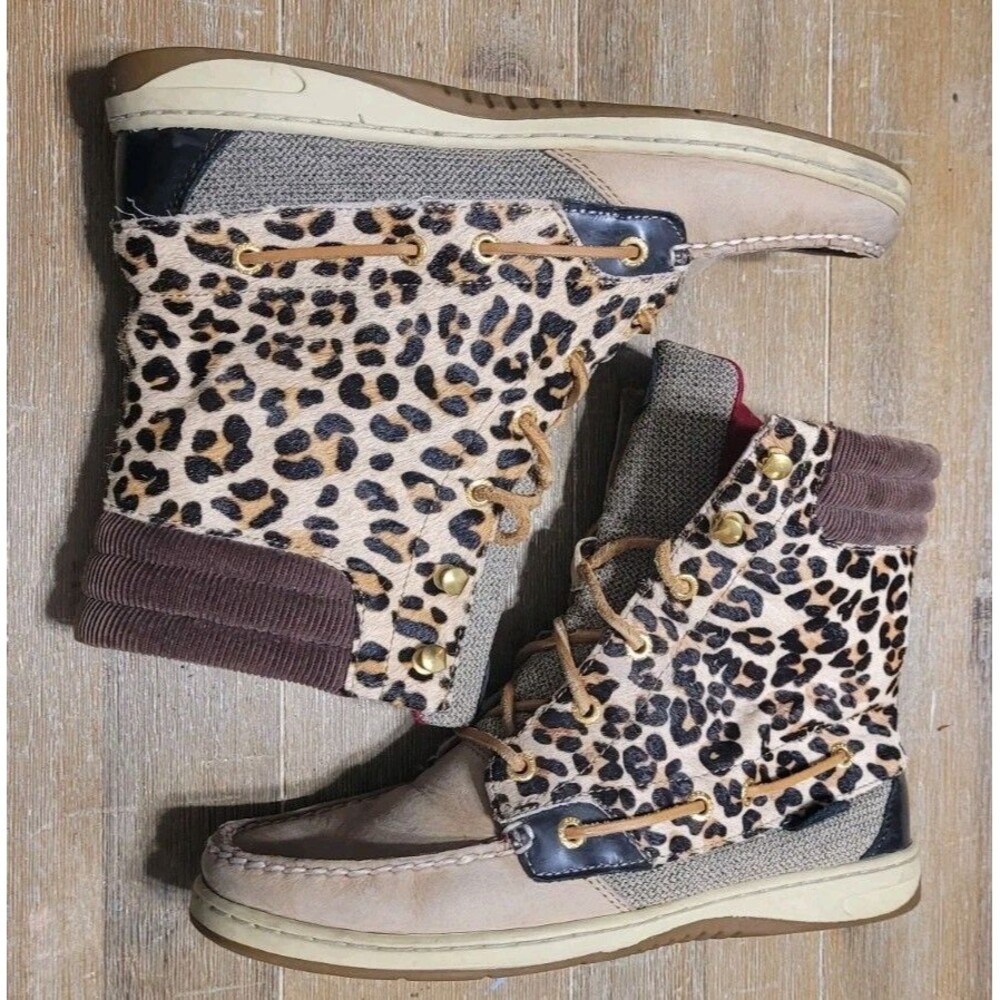 Sperry Hikerfish Brown Leather Leopard Lace High Ankle Boots 9 M 9173626